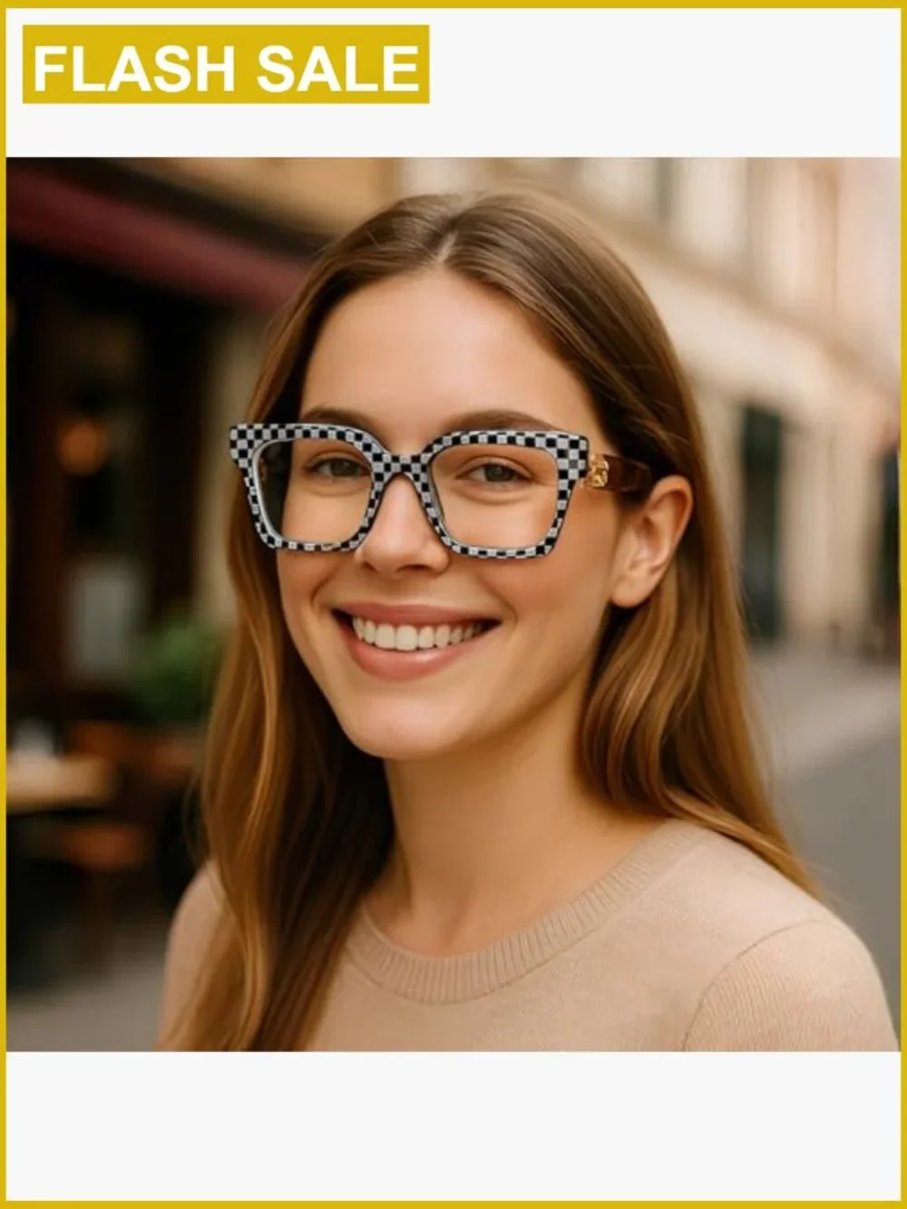 Oversized Square Blue Light Blocking Glasses with Gold Chain